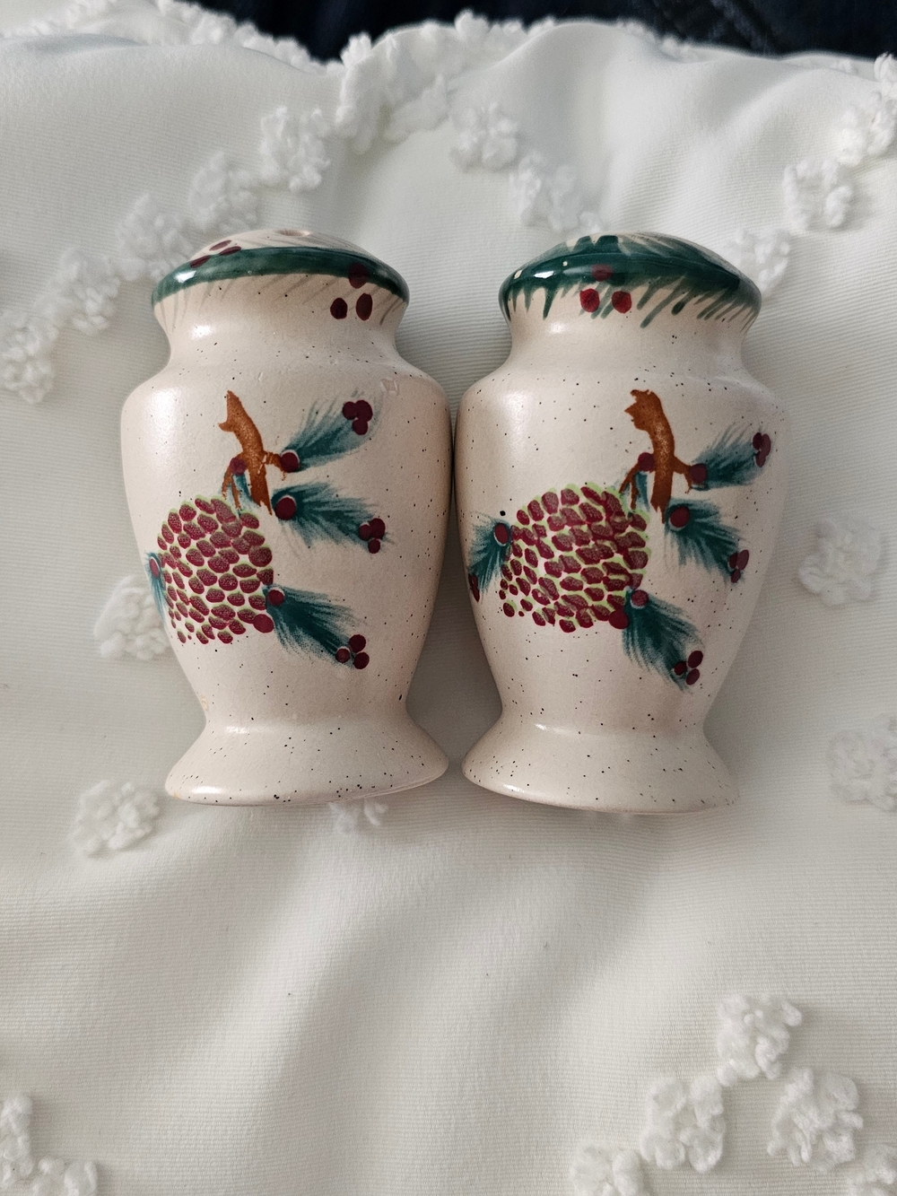 FINAL..Hand-Painted Cream Pinecone Ceramic Salt & Pepper Shaker Set
